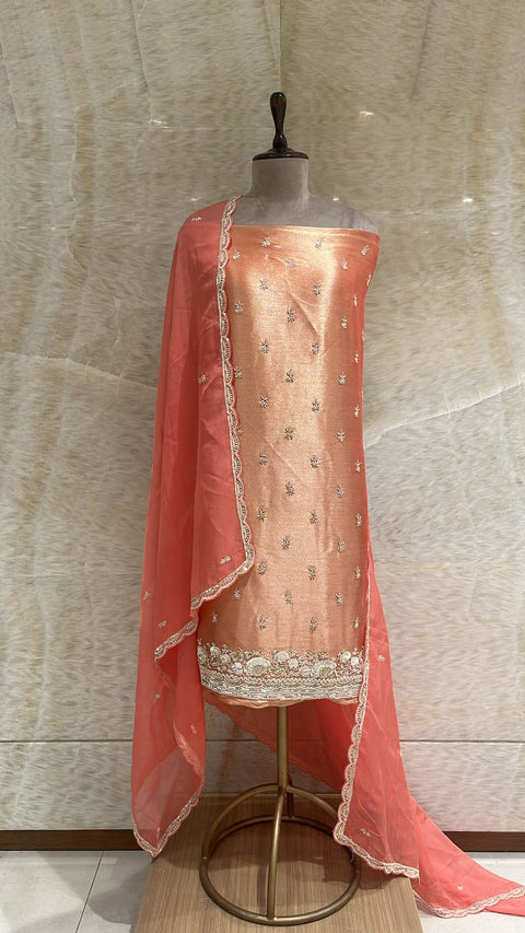 Elegant Unstitched Peach Suit Crafted On Shimmer Fabric