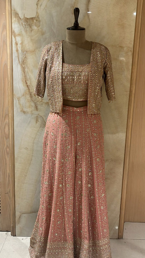 Elegant Coral Pink Readymade Jacket Sharara Set