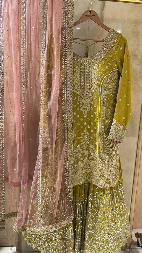 Mustard Yellow Readymade Sharara Suit Paired With Contrast Pink Dupatta