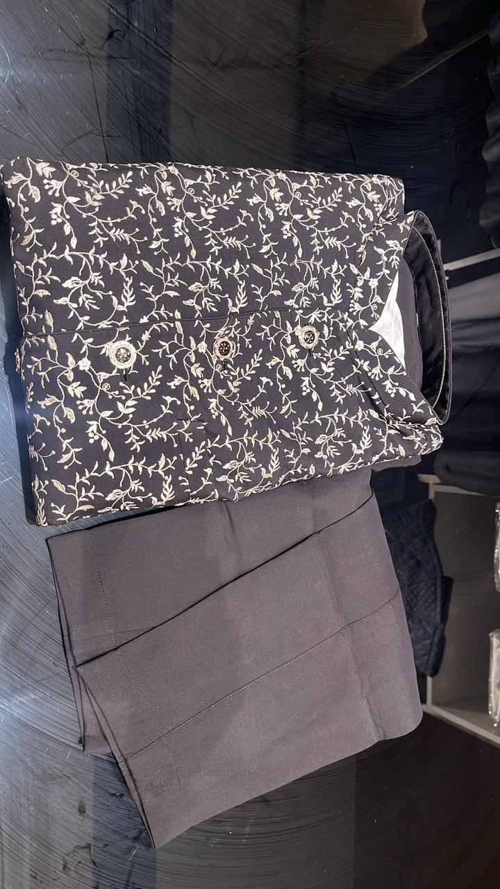 Floral Embroidered Ash Gray Readymade Jacket Kurta Set