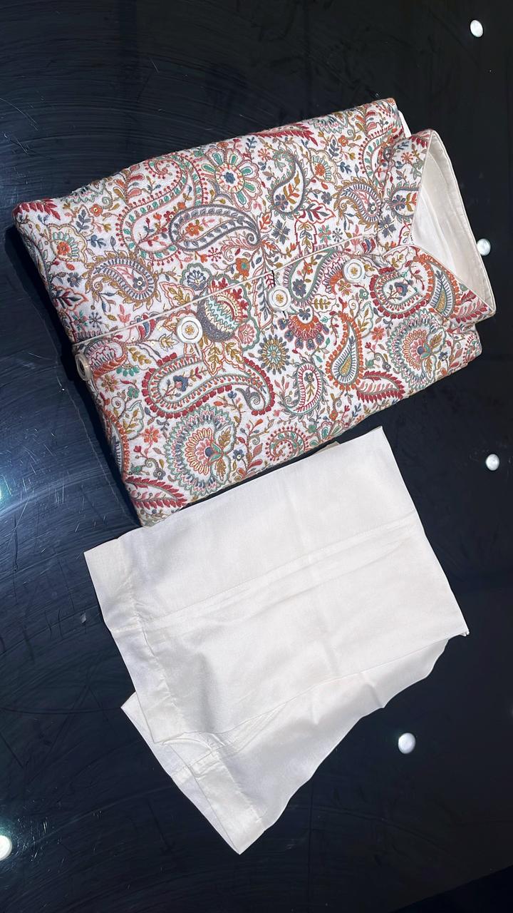 Intricate Paisley Embroidered White Jacket Kurta Set
