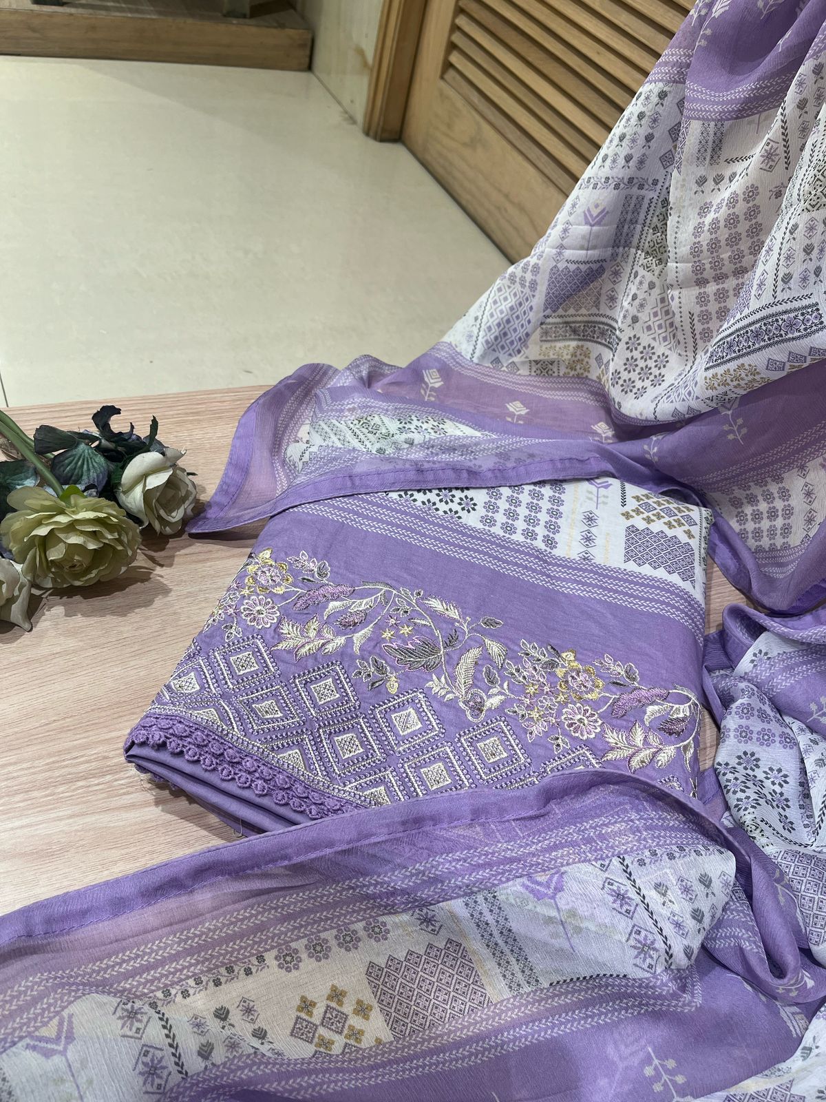 Printed Lavender Cotton Unstitched Suit Set