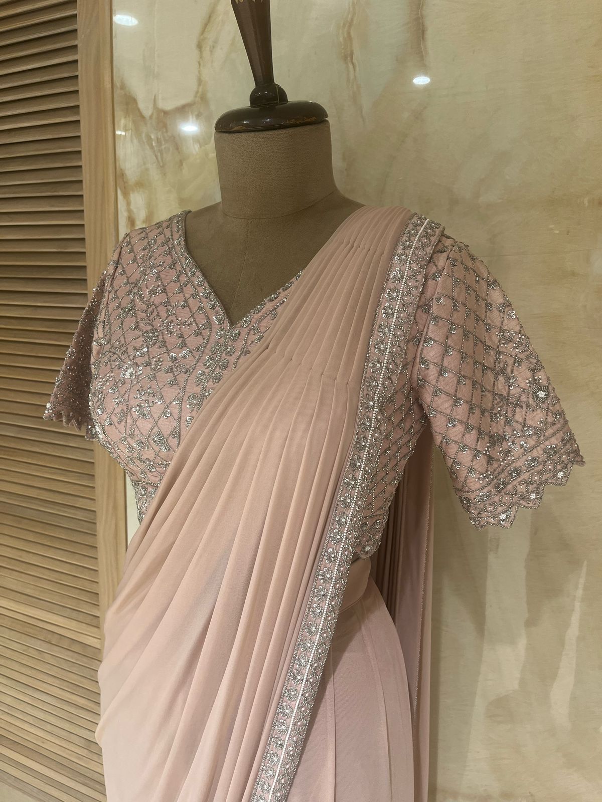 Sophisticated Salmon Pink Pre-Drape Saree Set