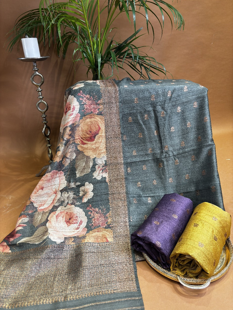 Olive green fabric with small golden & copper floral motifs