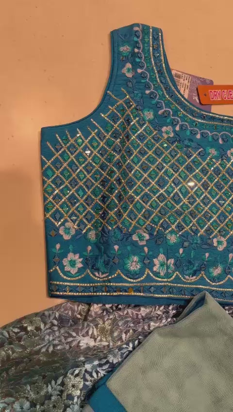 Lovely Sapphire Blue Mirror Work Lehenga Choli Set