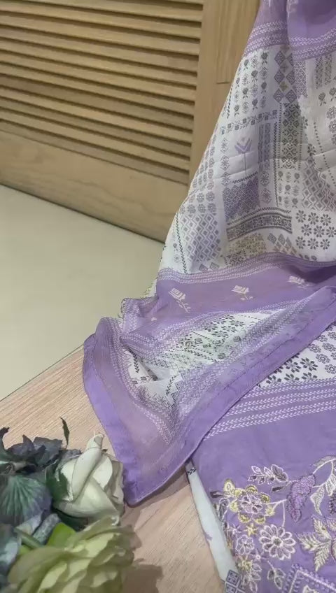 Printed Lavender Cotton Unstitched Suit Set