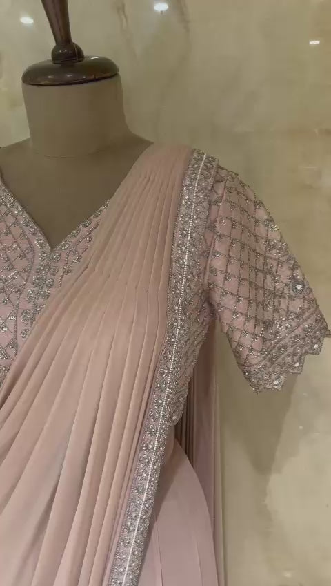 Sophisticated Salmon Pink Pre-Drape Saree Set