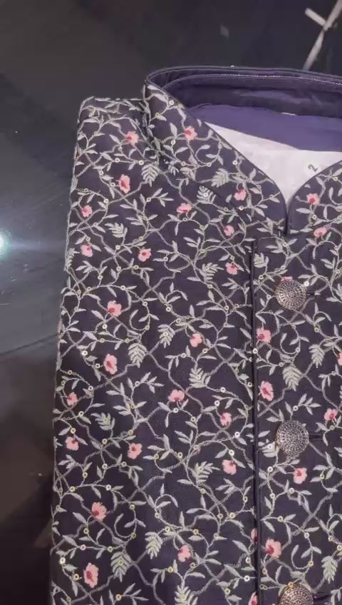 Navy Blue Three Piece Jacket Kurta Set