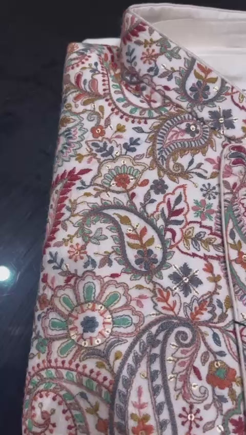 Intricate Paisley Embroidered White Jacket Kurta Set