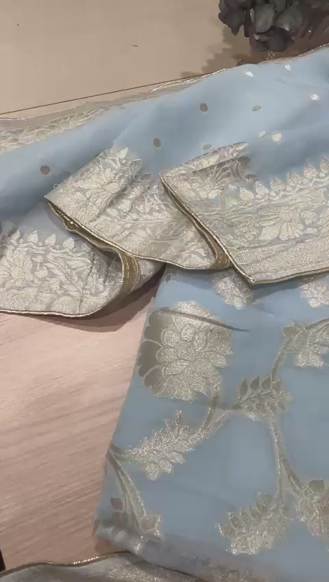 Unstitched Handwoven Pastel Blue Bnarasi Suit Set