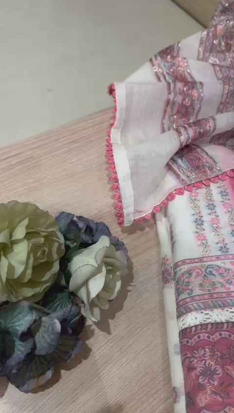 Peach & White Unstitched Cotton Fabric Suit Set