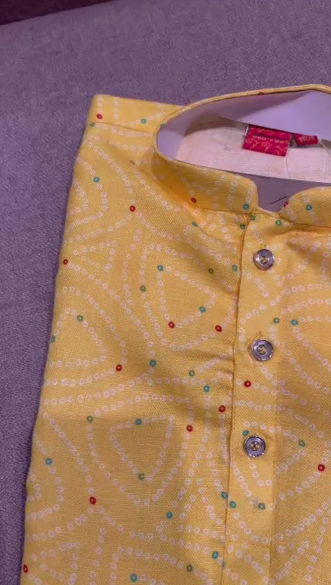 Bandhani Print Yellow Kurta Trouser Set For Kids
