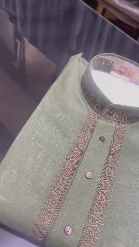 Olive Green Cotton Fabric Kurta Trouser Set