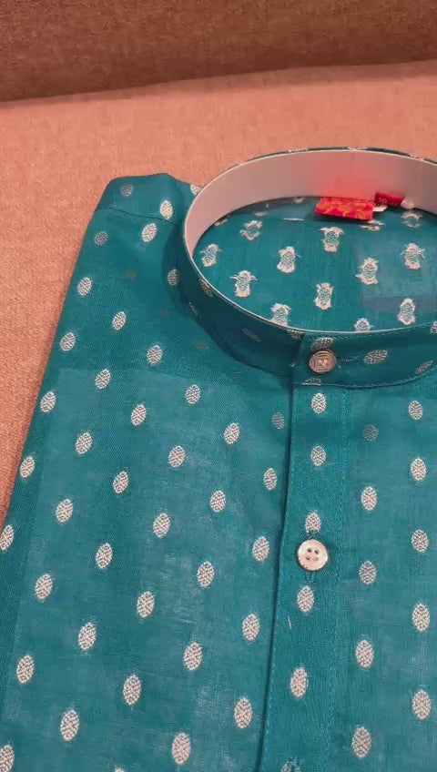 Teal Blue Readymade Kurta Trouser Set for kids