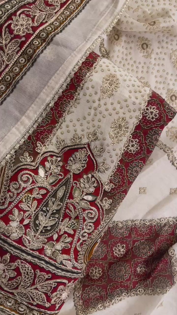 MAROON & CREAM PRINTED UNSTITCHED SUIT