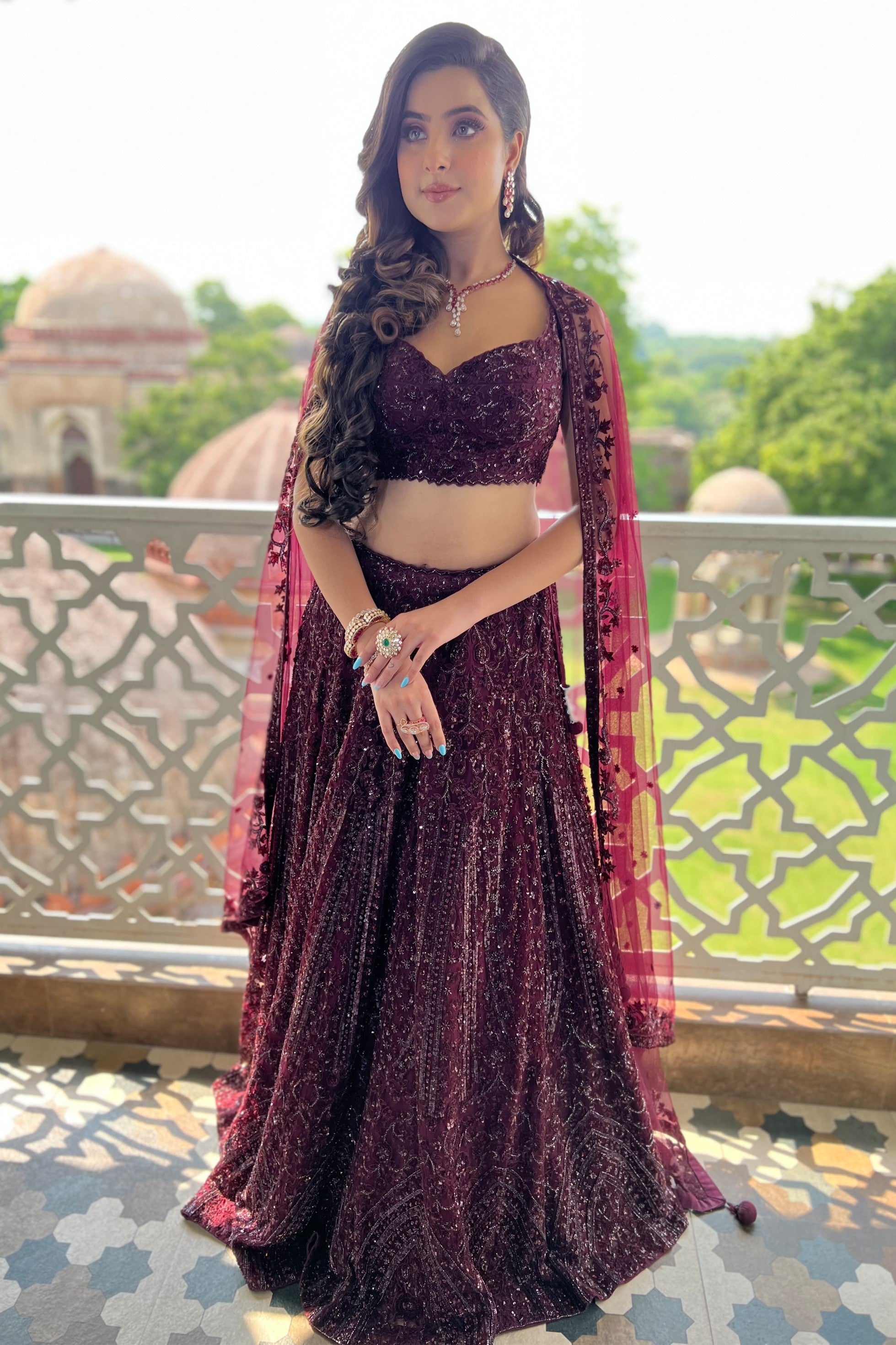 Wine Lehenga Featuring Sequins & Resham Work
