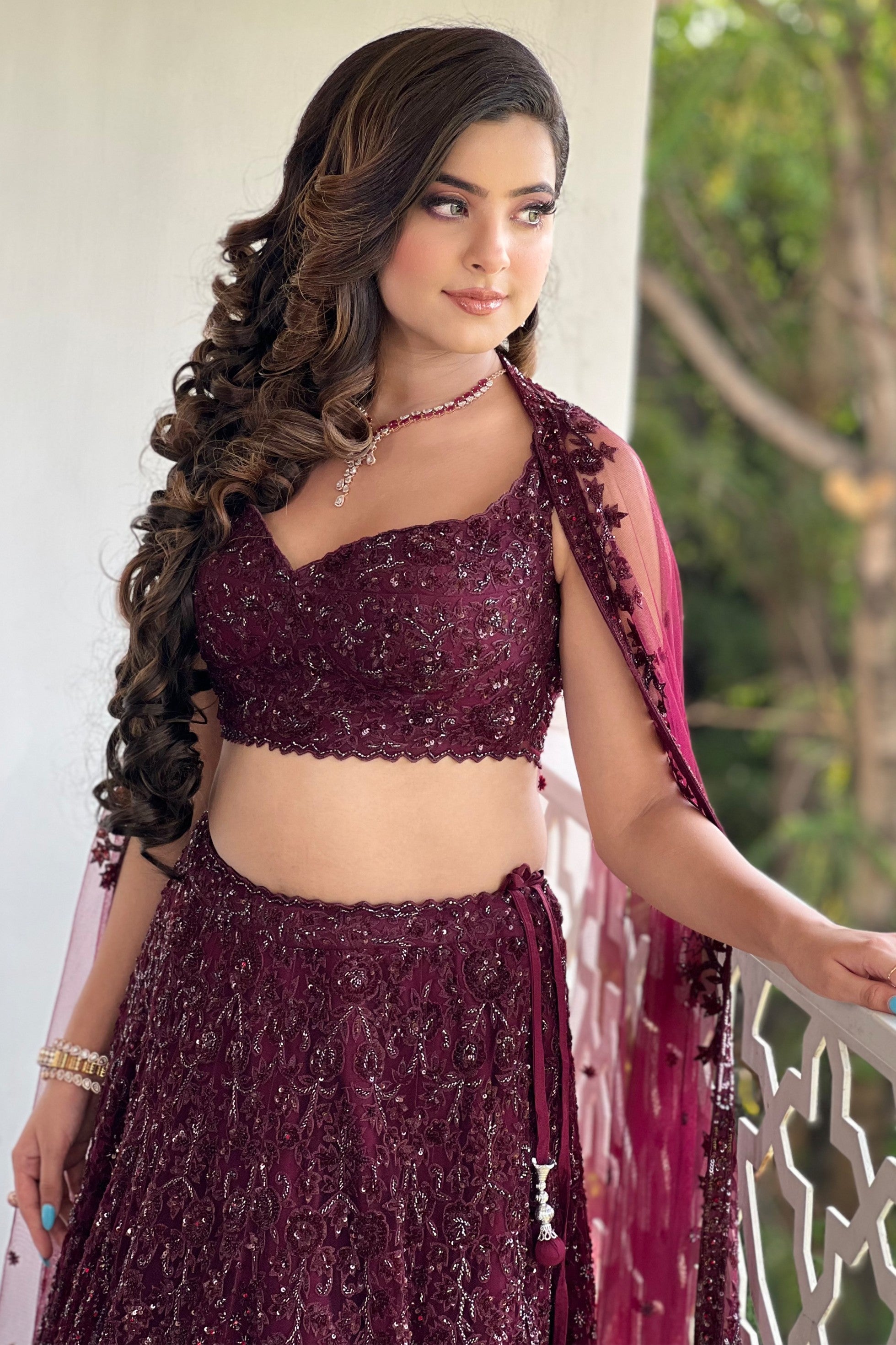Wine Lehenga Featuring Sequins & Resham Work