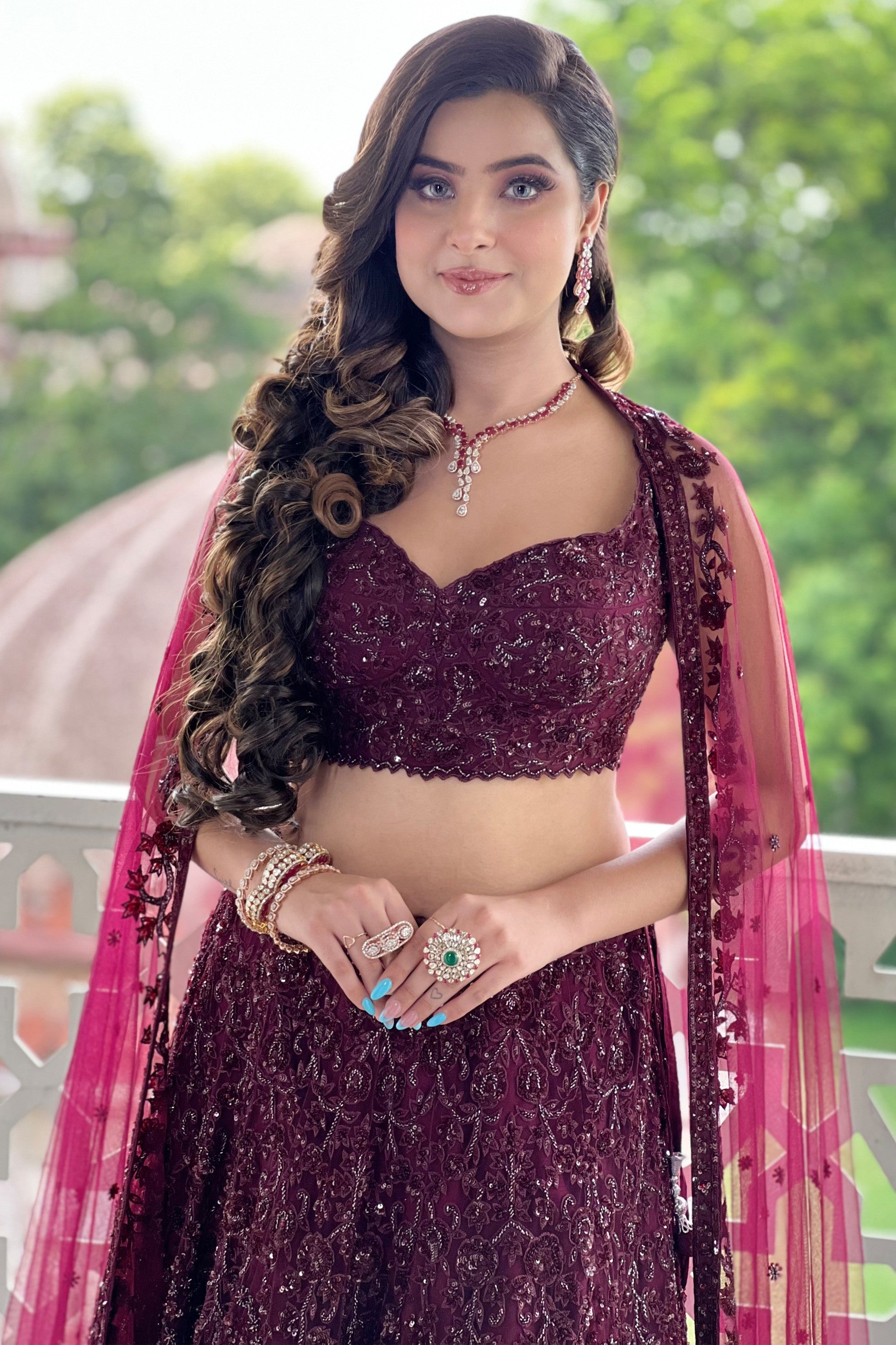 Wine Lehenga Featuring Sequins & Resham Work