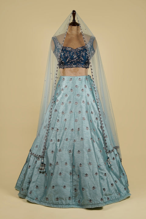 Dusty Sky Blue Lehenga with Emerald Blue Choli