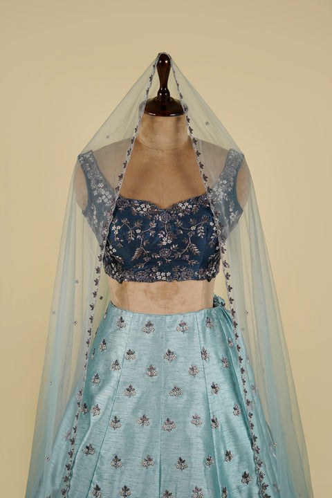 Dusty Sky Blue Lehenga with Emerald Blue Choli