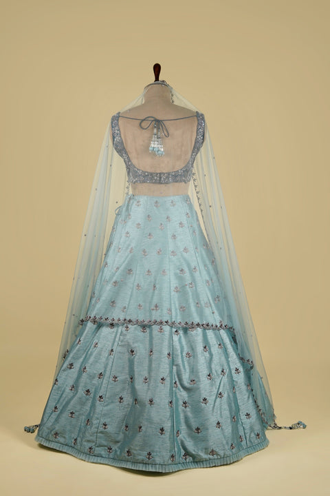 Dusty Sky Blue Lehenga with Emerald Blue Choli