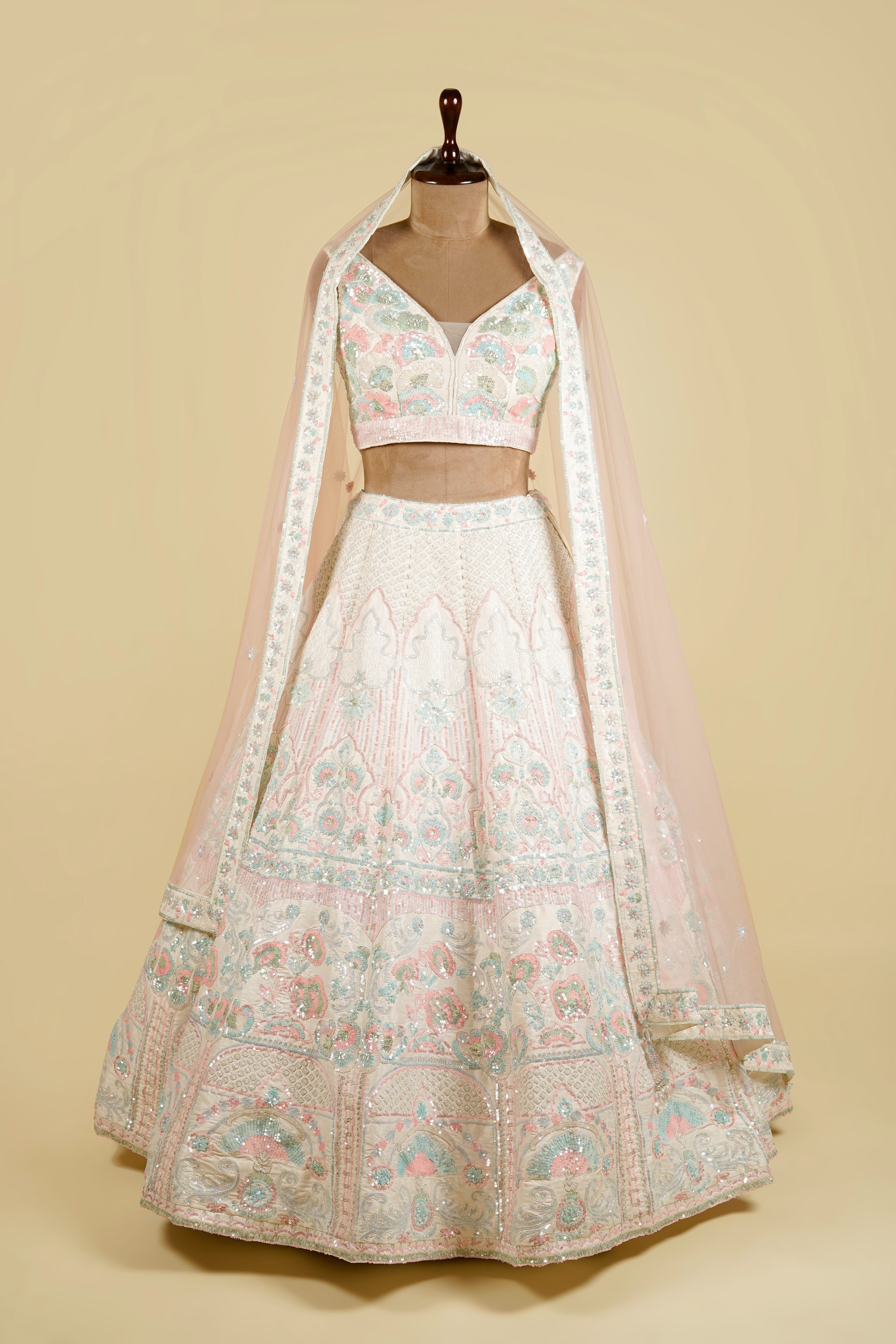 Off White Lehenga Choli Embellished with Sequins and Cut Dana Work