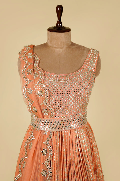 Light Coral Anarkali with Belt and embellished with Mirror, Zari, Sequins and Dabka work