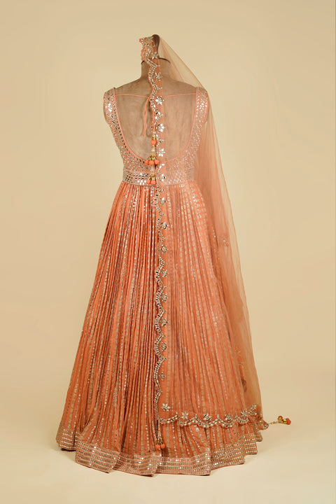 Light Coral Anarkali with Belt and embellished with Mirror, Zari, Sequins and Dabka work