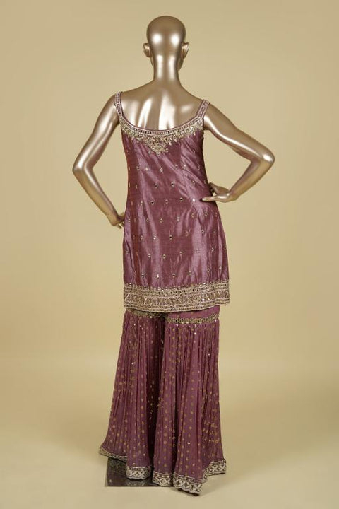 Mauve Sharara set embellished with Mirror and Gotapatti work