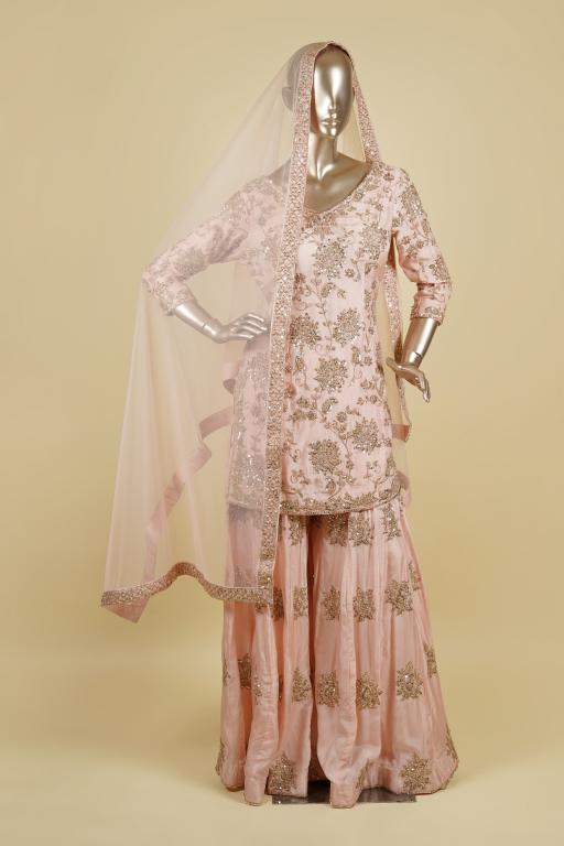 Pink Sharara set embellished with Zari, Dabka and Sequin work