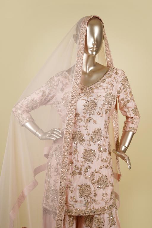 Pink Sharara set embellished with Zari, Dabka and Sequin work
