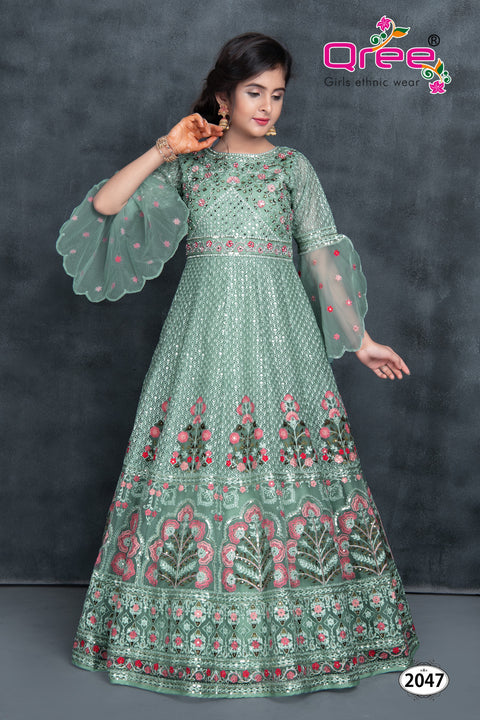 Ethnic Wear 1/4 Sleeve Embellished Straight Georgette Net Full Length Kurti Sharara Set with Dupatta for Girls