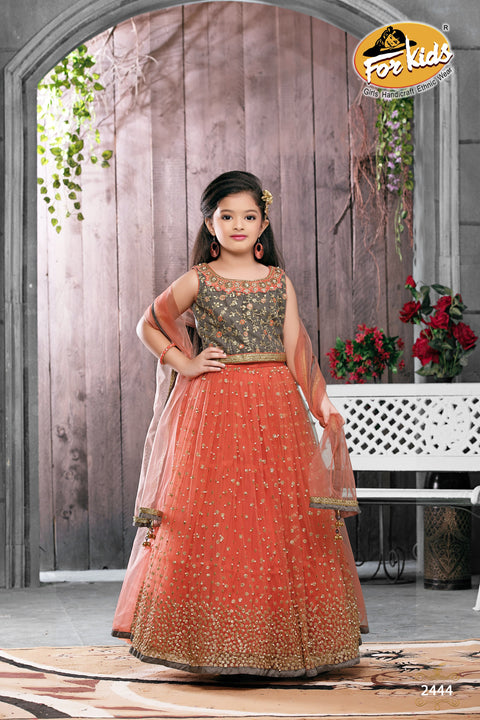 Grey-Orange Sleeveless Lehenga choli embellished with Sequin and Pearl work