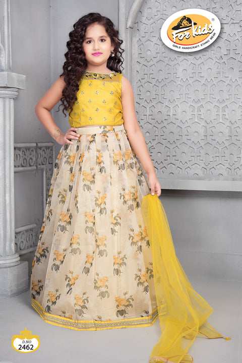 Yellow Sleeveless Lehenga Choli embellished with Sequin, Thread and Zardosi work