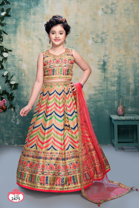 Ethnic print Sleeveless Lehenga Choli embellished with Sequin and Mirror work