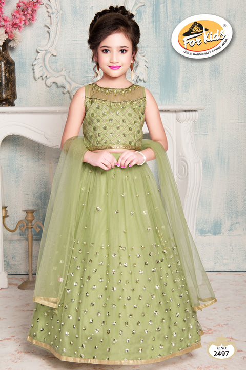 Olive Green Sleeveless Lehenga choli embellished with Sequin and Pearl work