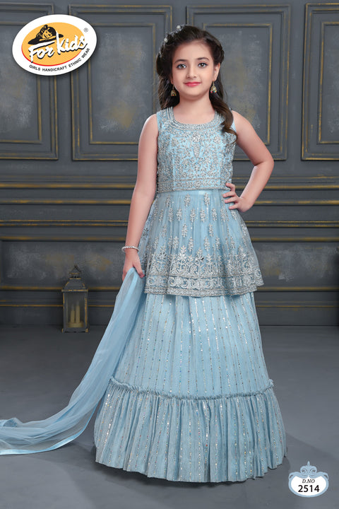 Sky Blue Sleeveless Lehenga choli embellished with Sequin, Swarovski and Aari work