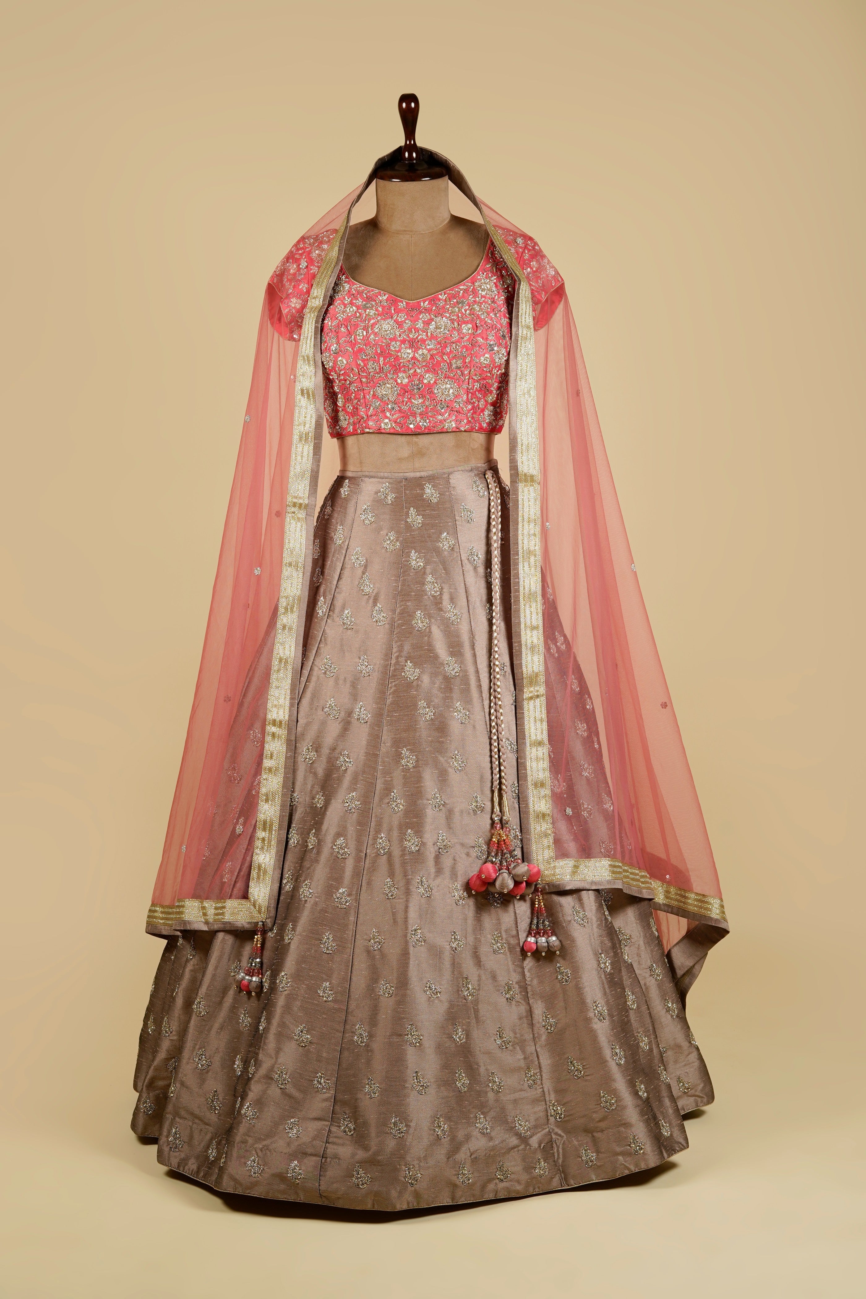 Mouse Color Lehenga With Carrot Pink Choli