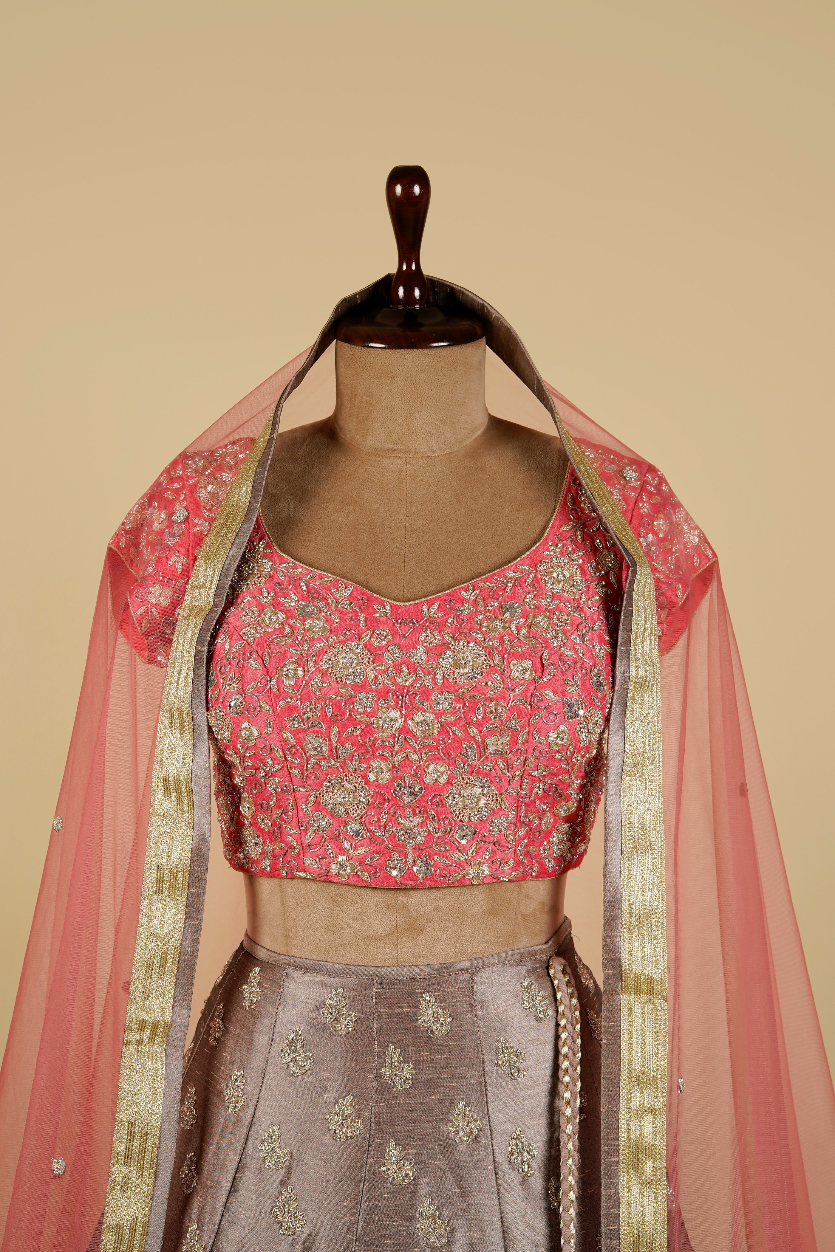 Mouse Color Lehenga With Carrot Pink Choli
