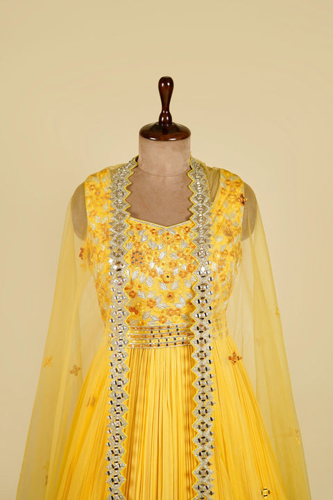 Yellow Anarkali embellished with Mirror, Gottapati and Thread work