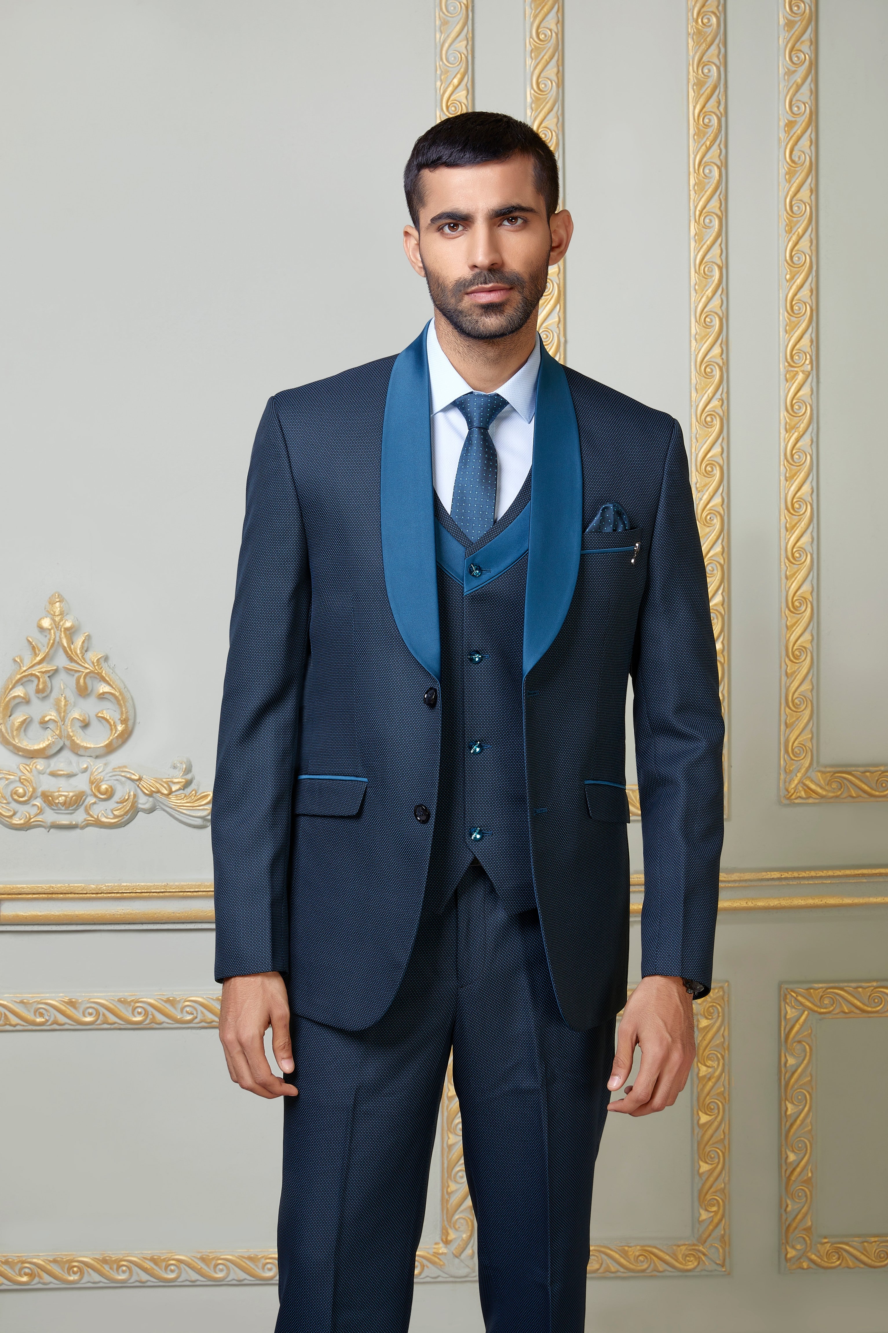 Navy Blue Colored 5 Piece suit with Sapphire Blue lapel