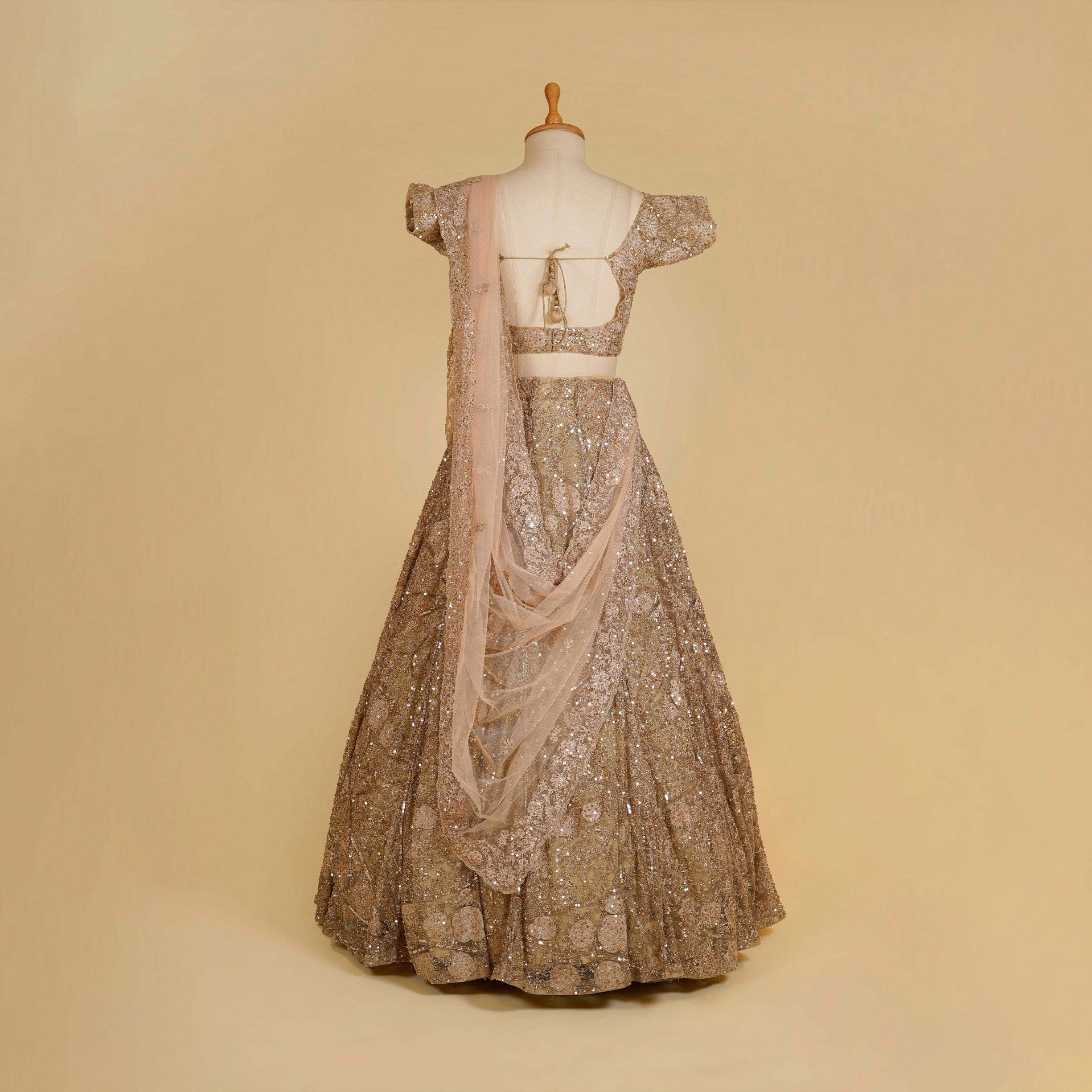 Light Gold Lehenga Choli embellished with Sequins, Thread and Cut dana work