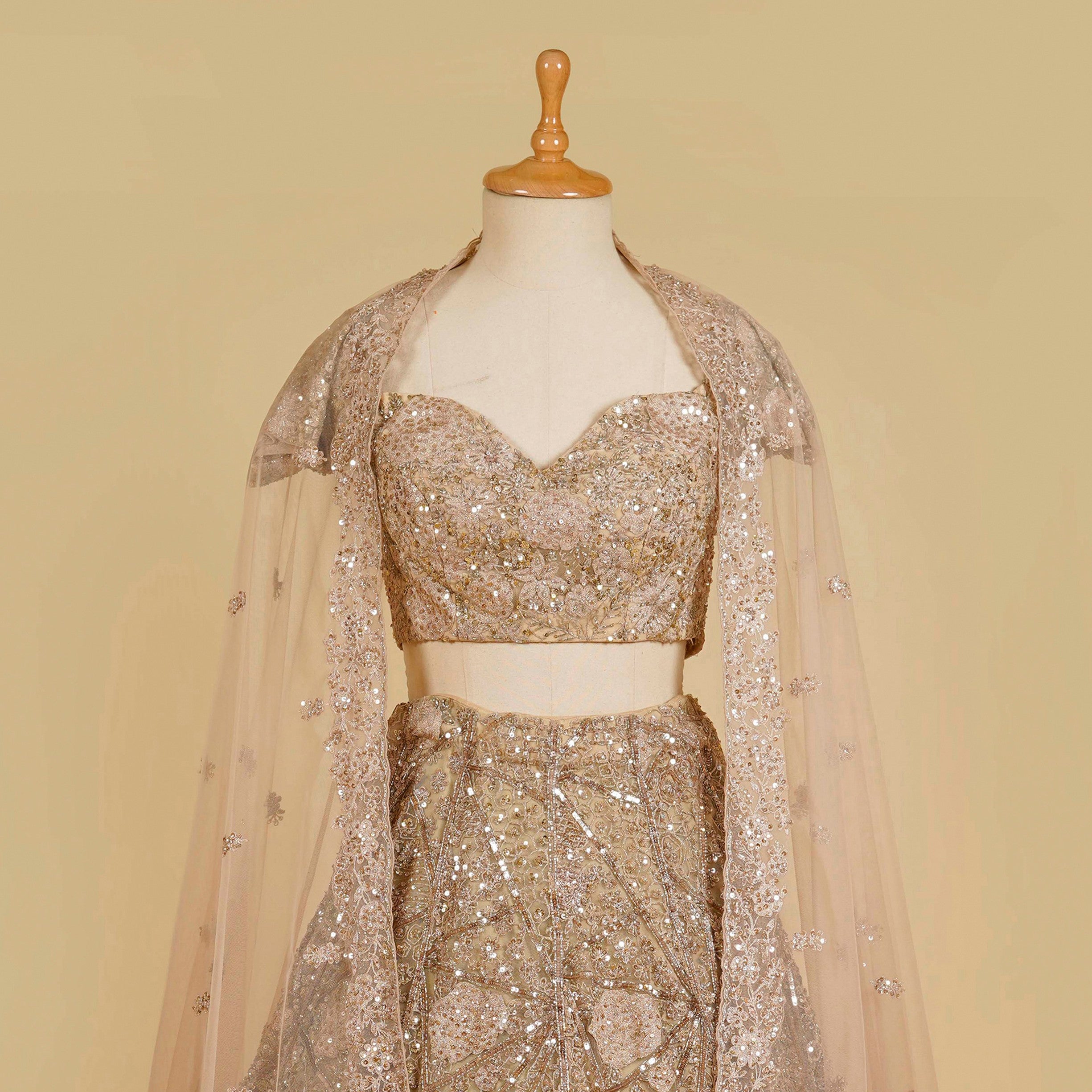 Light Gold Lehenga Choli embellished with Sequins, Thread and Cut dana work