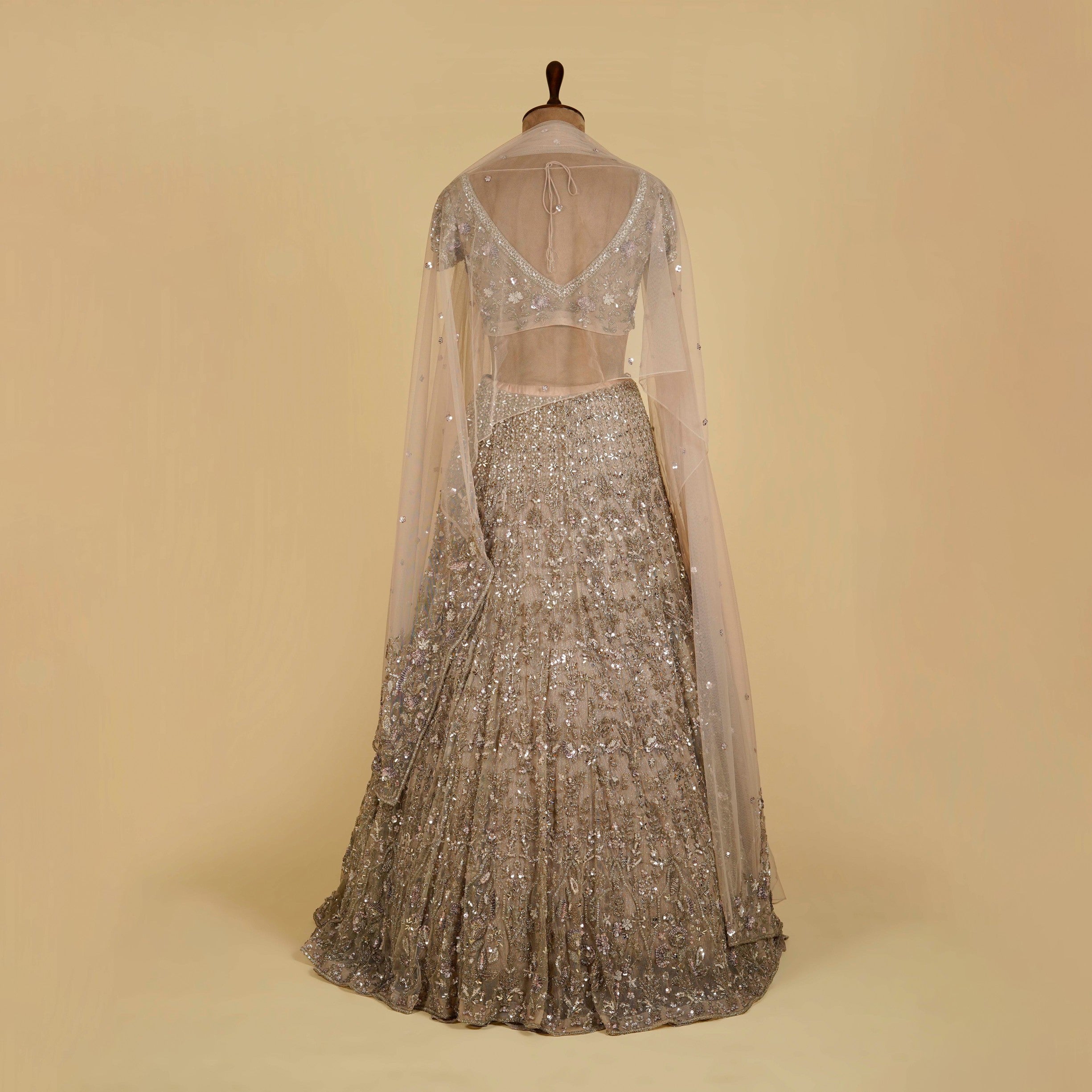 Light Grey Lehenga Choli embellished with Sequins, Mirror and Cut dana work