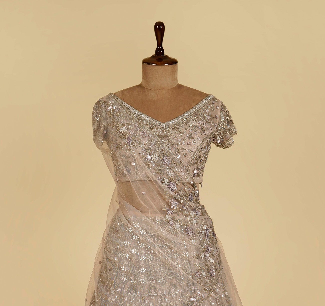 Light Grey Lehenga Choli embellished with Sequins, Mirror and Cut dana work