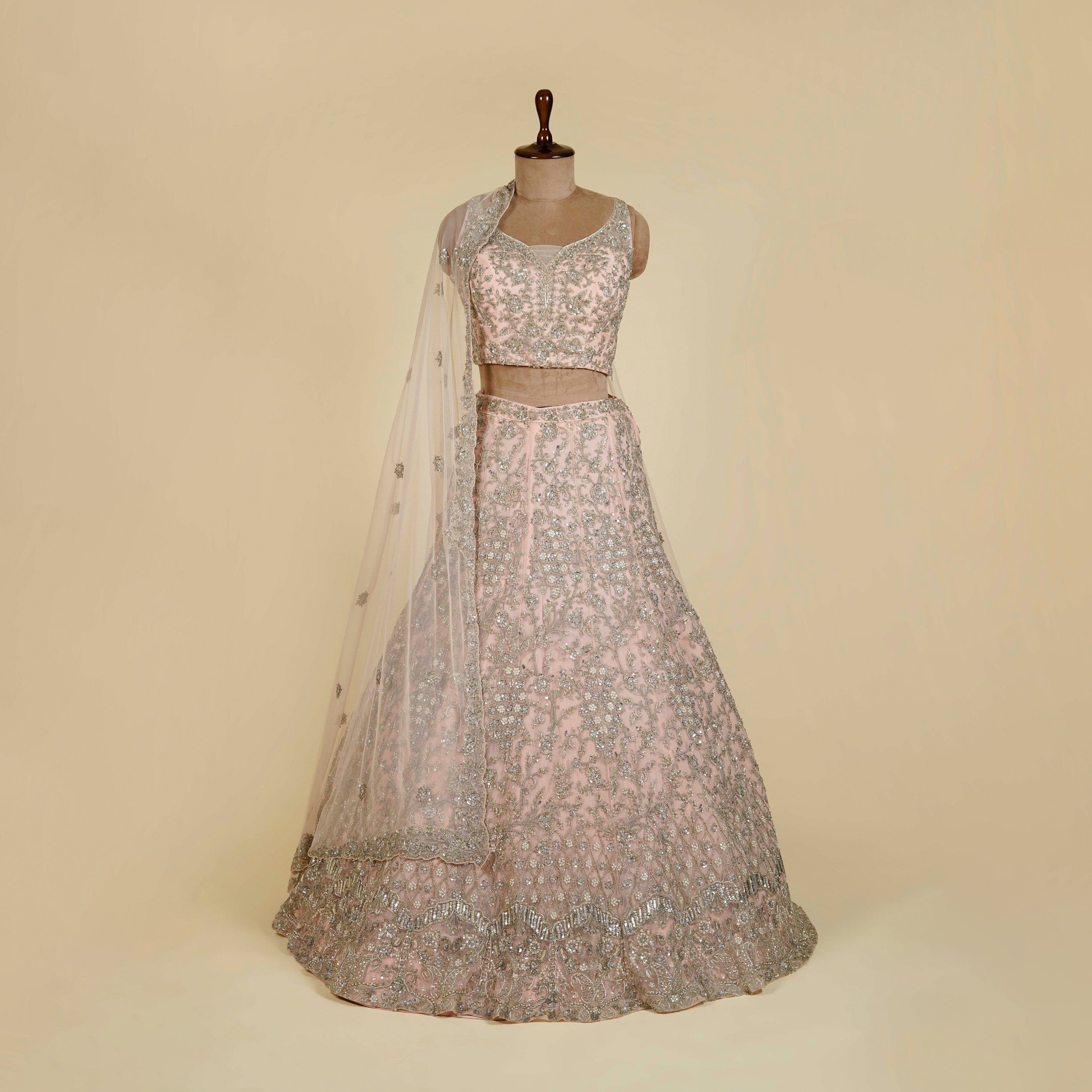 Baby Pink Lehenga Choli embellished with Sequins, Bead and Cut dana work