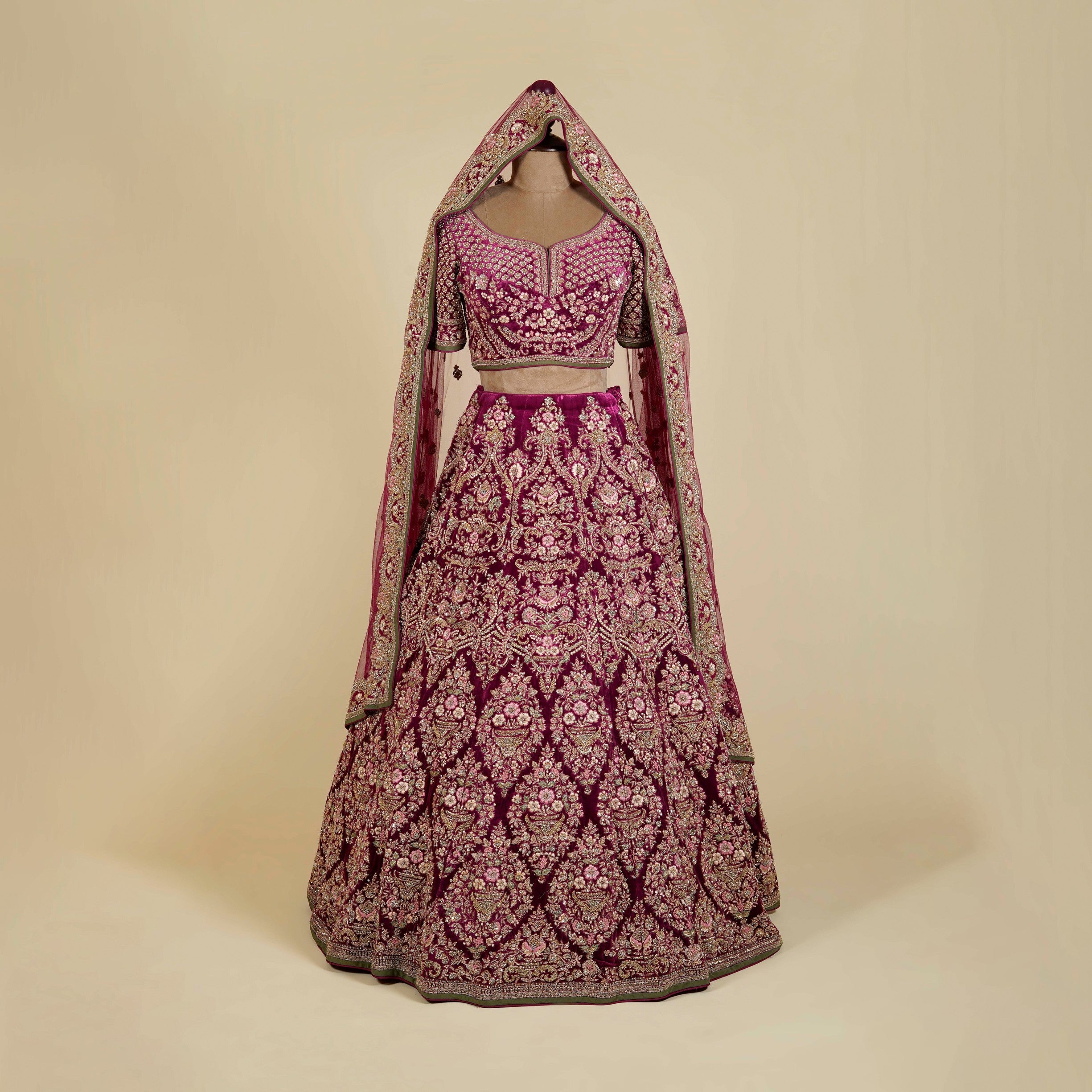 Wine Lehenga Choli embellished with Dabka, Stone and Thread Antique hand work