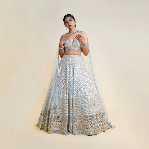 Sky Blue Lehenga Choli embellished with Mirror and Dori work