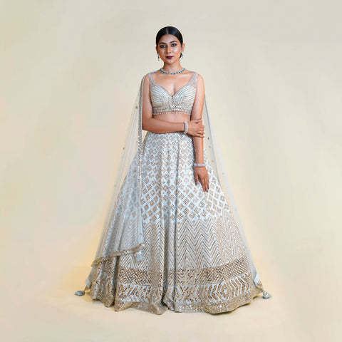 Sky Blue Lehenga Choli embellished with Mirror and Dori work