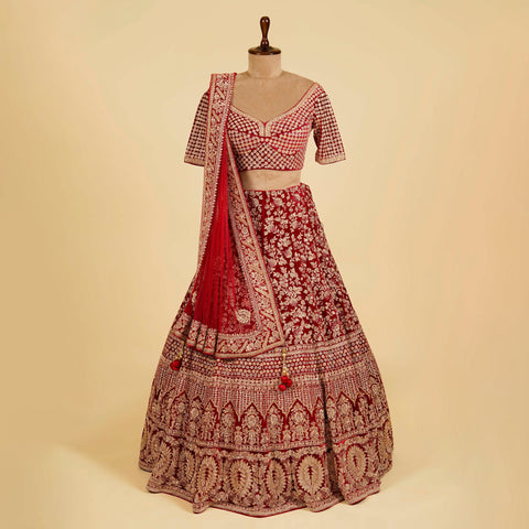 Reddish Maroon Lehenga Choli embellished with Gold Dabka, Stone and hand work